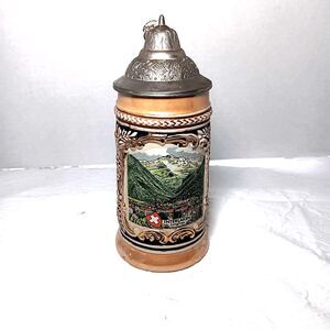 Original Gerzit  Vintage German Interlaken Jungfrau Pewter Lid Beer Stein